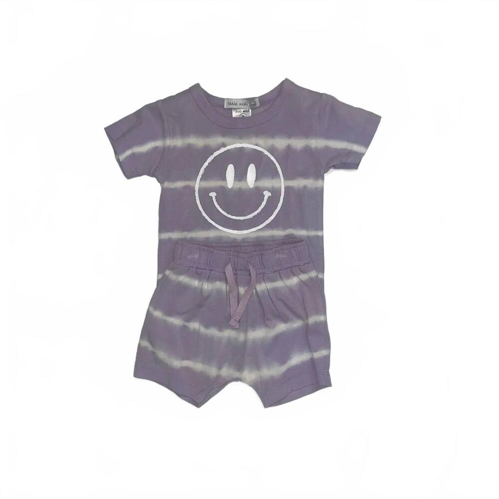 NEW LITTLE MISH kids' striped tie-dye smiley short set in lilac